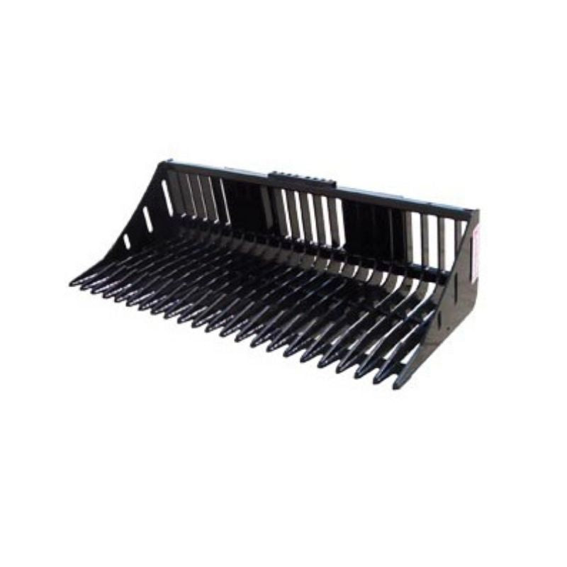 A black Haugen Skeleton Rock Bucket for Skid Steer, featuring heavy-duty tines and a serrated front edge, shown on a white background.