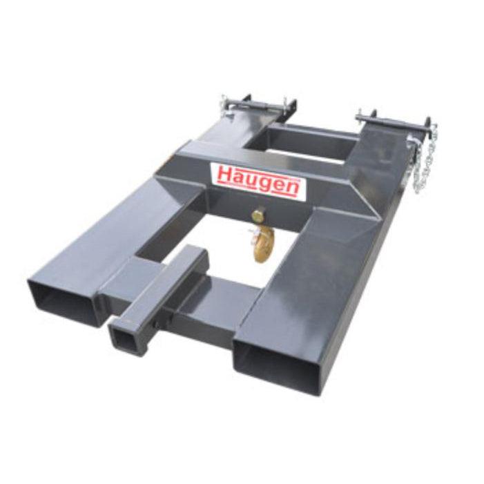 A gray Fork Mounted Trailer Spotter with a 2" receiver hitch and a swivel hook, designed to fit forklift tines up to 3.5" x 7.5", shown at an angle.