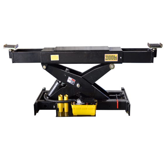 A black AMGO RJ-20A Rolling Jack with a 20,000 lbs lifting capacity, featuring a reinforced scissor structure and a hydraulic oil cylinder on a white background.