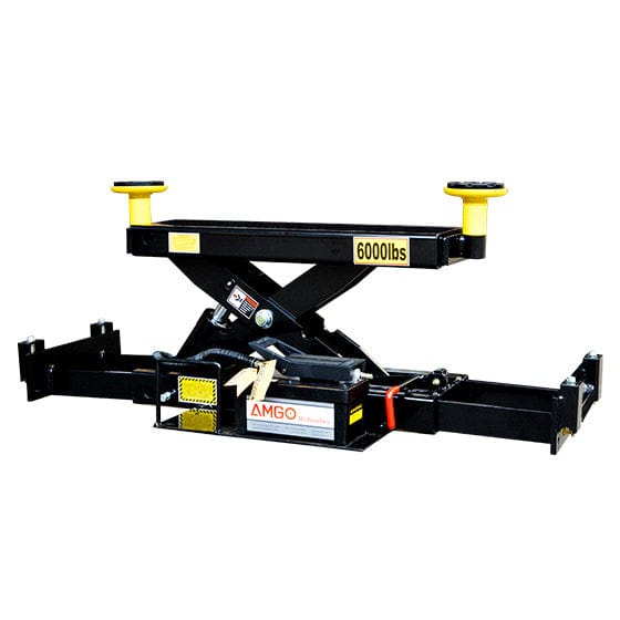 A black and yellow AMGO RJ-6A Pneumatic Rolling Jack with a 6,000 lbs capacity and two adjustable arms, on a white background.