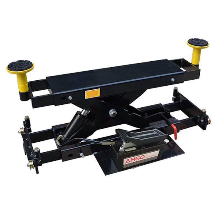The AMGO RJ-6A Pneumatic Rolling Jack raised to its working height, highlighting its black scissor-style frame and yellow lifting pads on a white background.