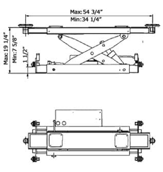 A technical drawing of the AMGO RJ-6A Pneumatic Rolling Jack, with measurements including its extendable lower sliding assembly that fits runway widths from 33 11/16 to 52 13/16 inches.