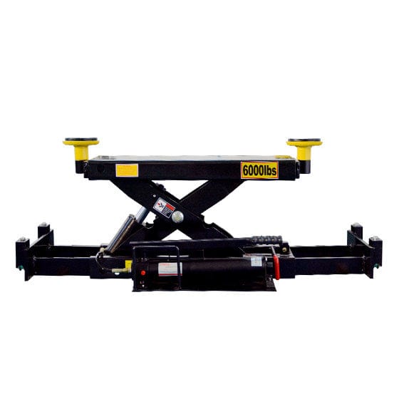 A black and yellow AMGO RJ-6H Low-Profile Rolling Jack with a 6,000 lbs lifting capacity, featuring an extendable lower sliding assembly and manual hand pump on a white background.