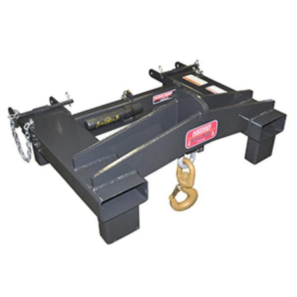 A black Haugen telehandler premium swivel hook attachment with a wide 42-inch frame, designed to slip on forks for lifting up to 14,000 lbs.