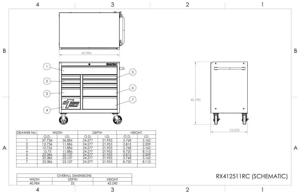 Extreme Tools RX Series 41" x 25" 11 Drawer Roller Cabinets