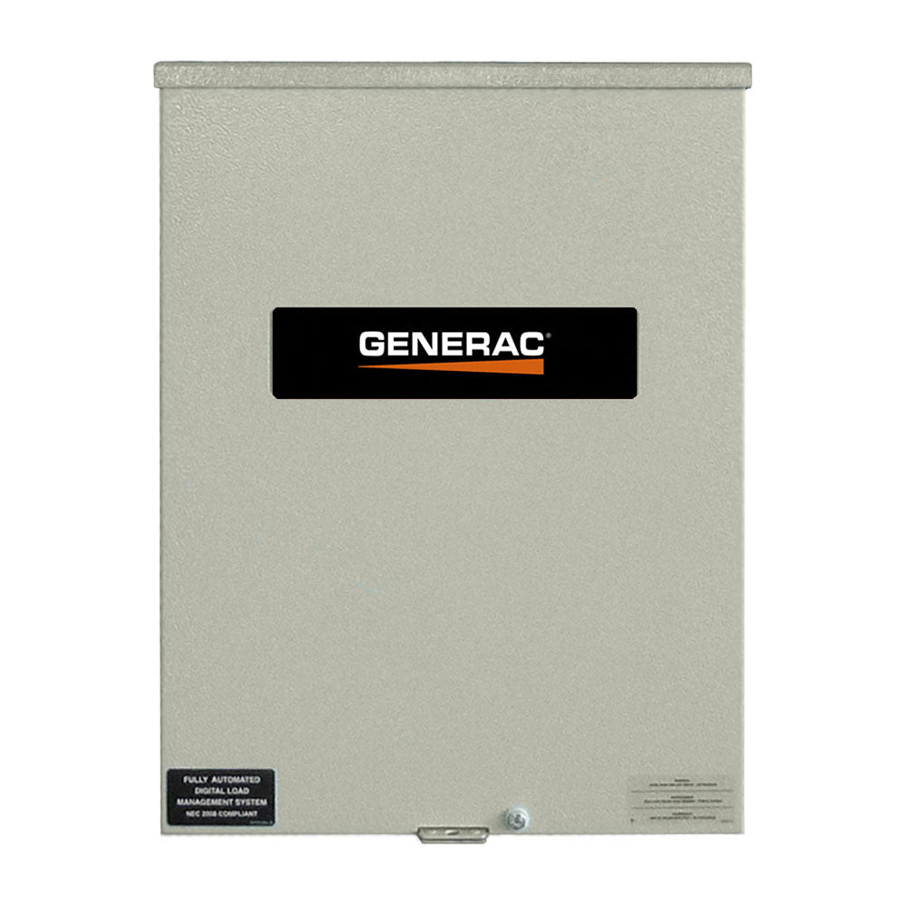 A grey Generac RXSW100A3 100-Amp Automatic Smart Transfer Switch in a NEMA 3R enclosure. A black "GENERAC" logo is centered on the front with a label indicating a "100 AMP RATING" for indoor/outdoor use.