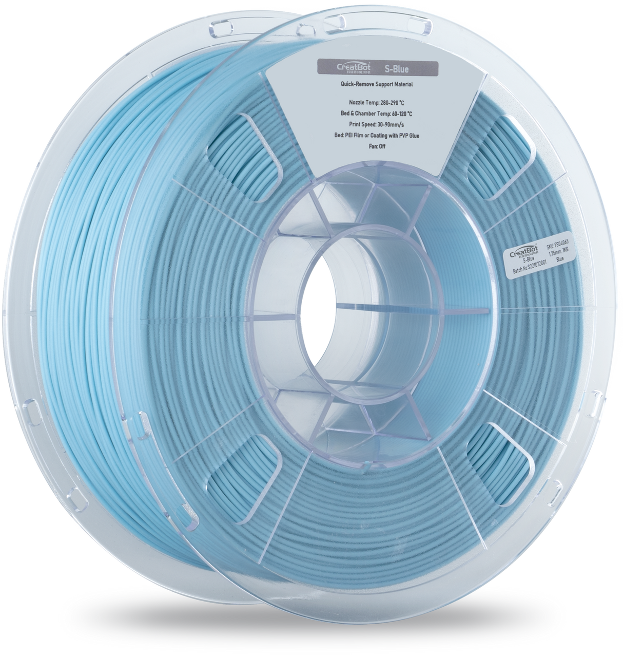 A detailed close-up of a CreatBot S-Blue Quick-Remove Support 3D printer filament spool, highlighting the wound light blue filament and product label.
