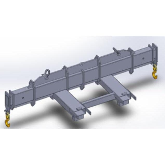 An adjustable Telehandler Spreader Bar with Top Hooks from Haugen, featuring two swivel hooks and shackles, designed for use with telehandlers and forklifts.