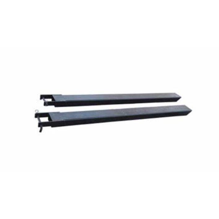 A pair of black Channel Style Fork Extensions designed for durability, measuring 72 inches in length with a 4,350 lbs capacity.
