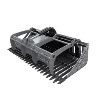 A black Skid-Steer Skeleton Grapple with a Single Cylinder from Haugen, featuring a bolt-on tooth bar with a serrated front edge and removable side plates.