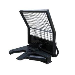 A black skid-steer tree shear with a protective mesh guard and a hydraulic cylinder, capable of shearing trees up to 12 inches in diameter.