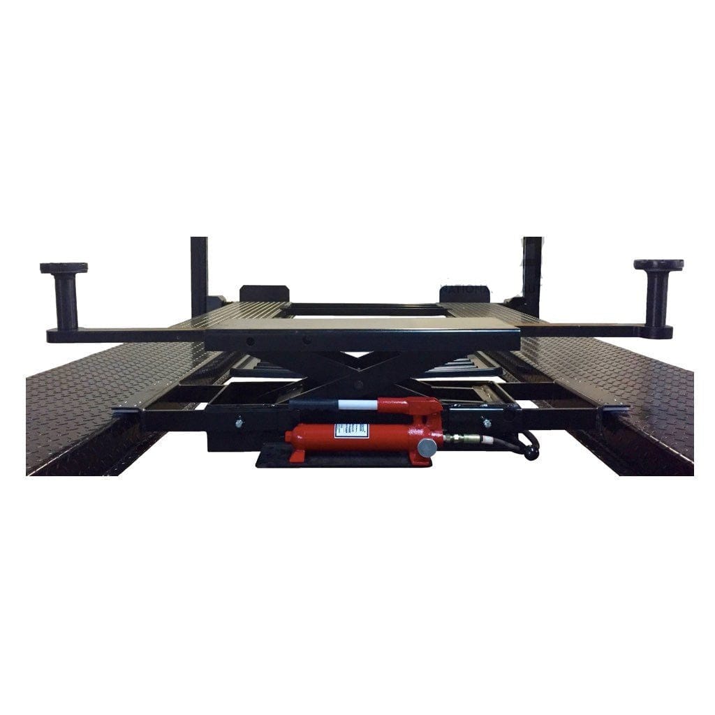 A black and red SJ35 hydraulic sliding jack for a 4-post car lift, with its pads fully extended to show the adjustable width.