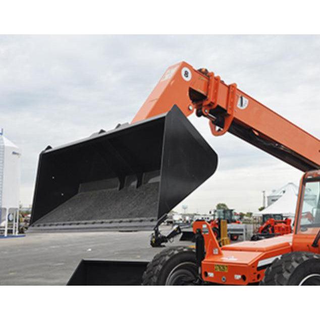 An orange telehandler with a black Haugen Quick Attach High Capacity Bucket attached, in an outdoor setting.