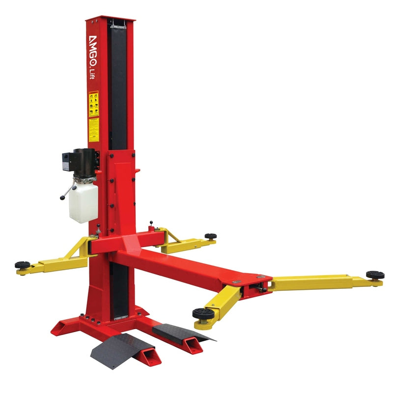 A red and yellow AMGO SL-7 Single Post Lift with a 7,000 lbs lifting capacity, featuring adjustable arms and a compact base, on a white background.
