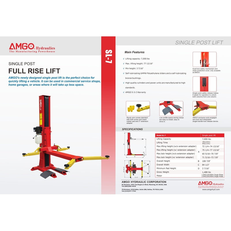 A brochure for the AMGO SL-7 Single Post Lift, displaying its red and yellow design and providing detailed specifications including a 7,000 lbs lifting capacity, lifting height, and features.
