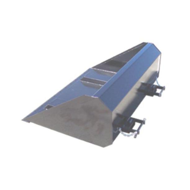 A black telehandler fork slot bucket attachment, angled to show the sloped front and dual channels for the forks on the rear.