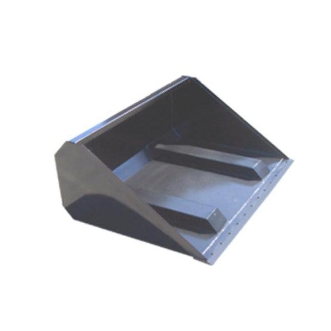 A black telehandler fork slot bucket attachment, showing the top-down view of the high carbon cutting edge and internal fork channels.