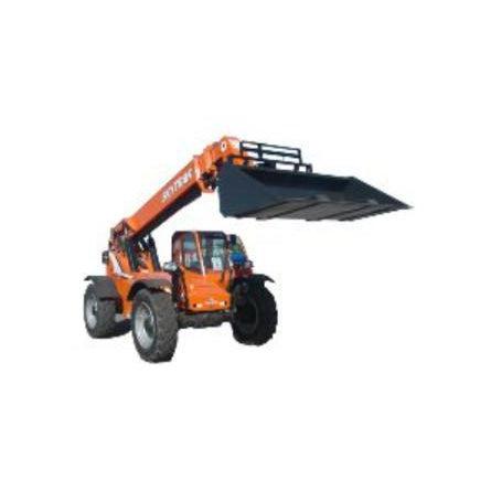 A telehandler machine with a Haugen fork slot bucket attachment on its raised boom, ready to scoop materials.