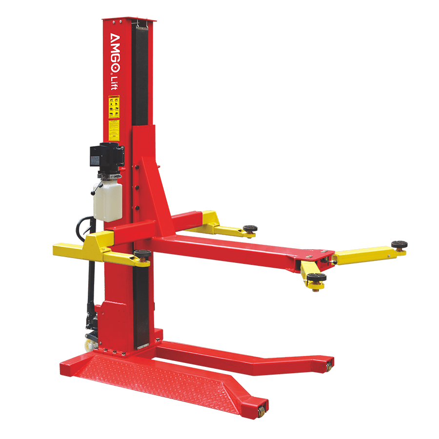 A red AMGO SML-7 Single Post Portable Lift with a 7,000 lbs lifting capacity and yellow adjustable arms, shown on a transparent background to highlight its compact and mobile design.
