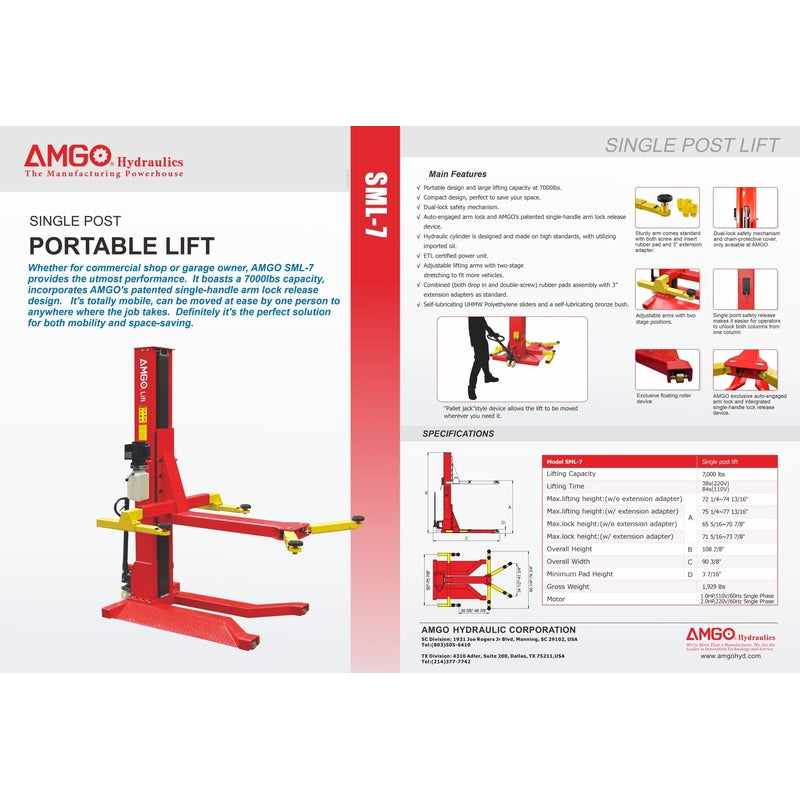 A brochure for the AMGO SML-7 Single Post Portable Lift, showing a graphic of the lift in red and yellow with key features and specifications, including its 7,000 lbs capacity and portable design.