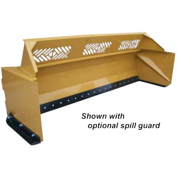 A yellow 30" Snow Pusher for Wheel Loaders with an optional spill guard, showing the perforated front and durable skid shoes.