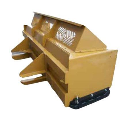 A yellow 30" Snow Pusher for Wheel Loaders with 38" deep and 3/8" side plates, shown from a rear three-quarter view to highlight its structure.