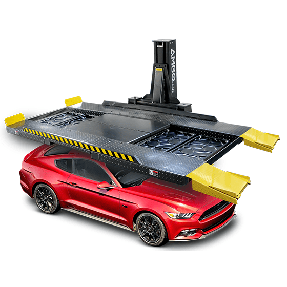 A red Ford Mustang is elevated on a black and yellow AMGO SPL-6 Single Post Parking Lift, showing the H-shaped platform and the yellow ramps on a white background.