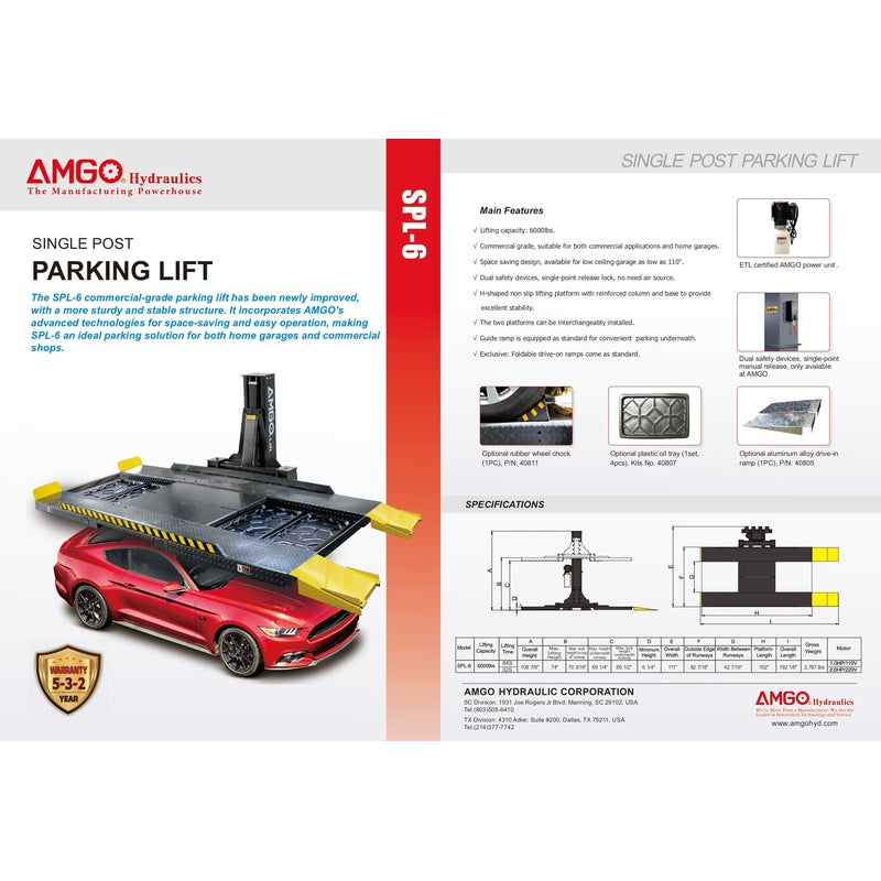 A product brochure for the AMGO SPL-6 Single Post Parking Lift, showing the red Mustang on the lift, a smaller diagram of the lift, and text describing its 6,000 lbs lifting capacity.