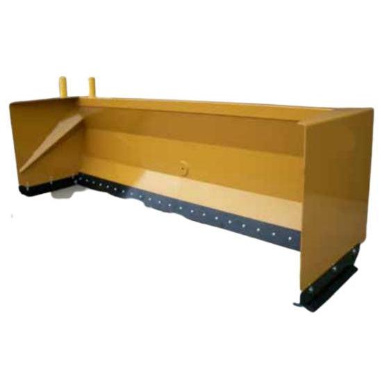 A yellow 40" Snow Pusher for Wheel Loaders with a black reversible rubber cutting edge and durable AR 400 skid shoes, shown at a three-quarter angle.