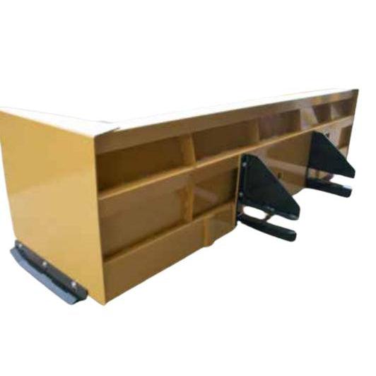 The rear view of a yellow 40" Snow Pusher for Wheel Loaders, highlighting the bolt-on bucket mounts and the heavy-duty 3/8" side plates.