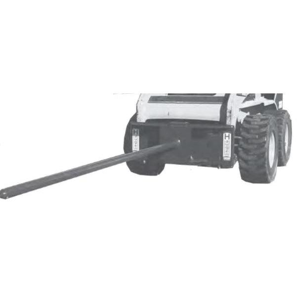 A graphic of a skid-steer loader with a Haugen Carpet Pole attached, showcasing its use for handling carpet rolls against a white background.