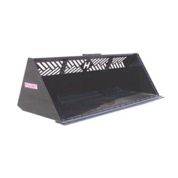 A black Haugen Skid Steer Medium Snow Bucket with a see-through window and reinforced wear bars, angled on a white background.