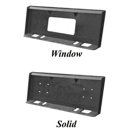 A black Haugen Skid Steer Standard Quick Attach Plate shown in two variants: a window model on top and a solid model on the bottom.