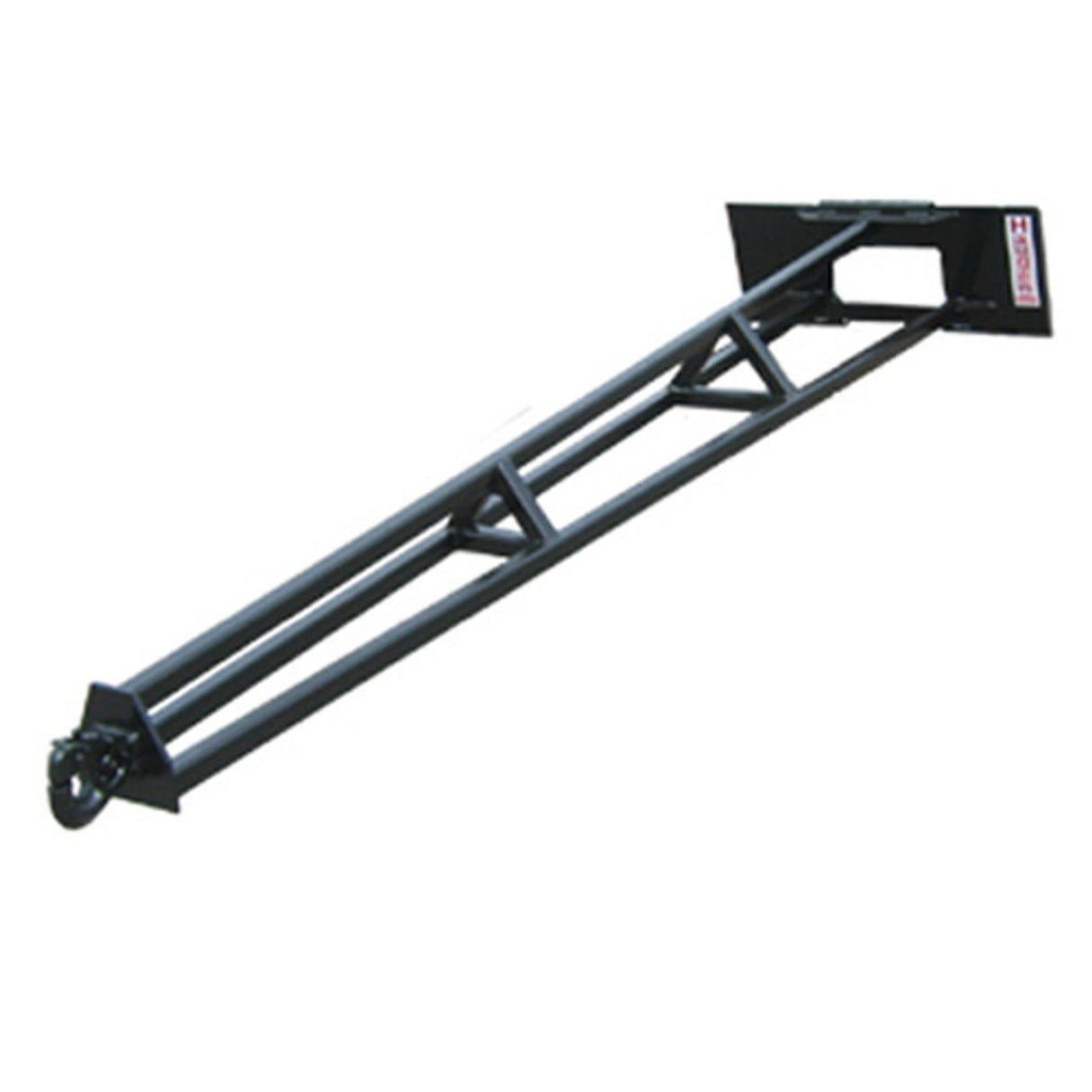 A black truss jib for skid steer loaders with a built-in 15-degree angle and a pintle hitch, extending to a long, slender point.