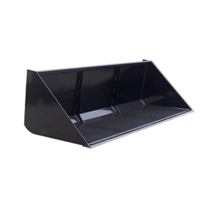 A black Haugen Telehandler Quick Attach Standard Capacity Bucket with a high carbon cutting edge, angled on a white background.