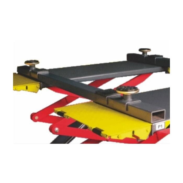 AMGO XL-7 Full-Rise Low Profile Scissor Lift, a red and yellow vehicle lift with a gray platform and black support frame, shown partially elevated on a white background.