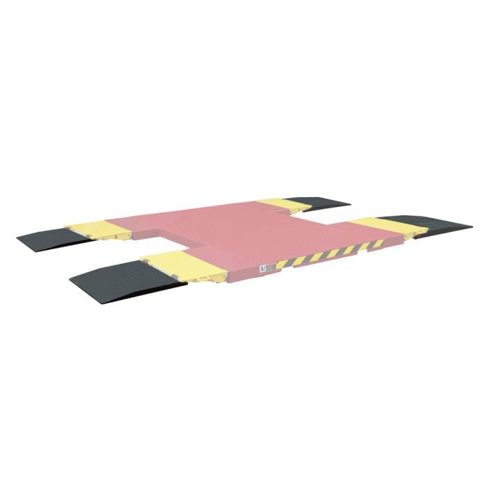 A red, black and yellow pair of AMGO Low-Profile Rubber Extension Ramps installed on a lift runway, specifically designed to help low-profile vehicles safely transition onto the lift.