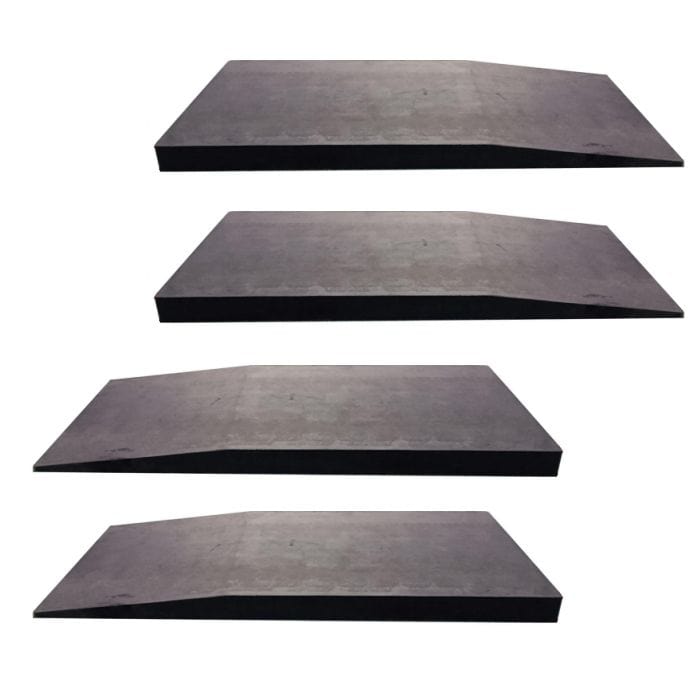 Four black, low-profile AMGO rubber extension ramps arranged in a single column, showing their durable, non-slip surface and tapered design.