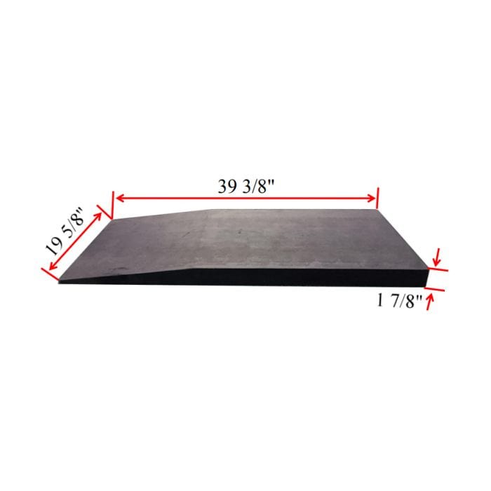 A single black AMGO Low-Profile Rubber Extension Ramp for the EM06 lift with overlay text showing the dimensions: 39 3/8 inches long, 19 5/8 inches wide, and 1 7/8 inches high.