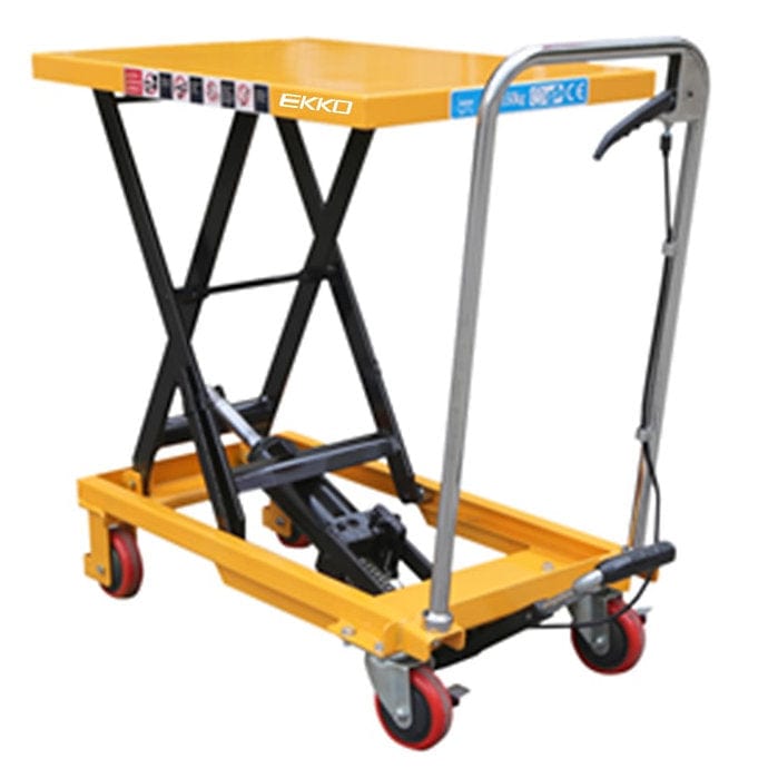 A yellow EKKO T15 Scissor Lift Table Cart with its platform in the lowered position on a white background.