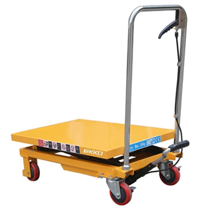 A yellow EKKO T15 Scissor Lift Table Cart with its platform in the lowered position on a white background.
