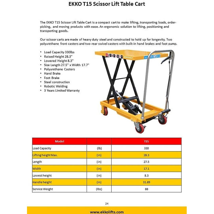 A graphic of the EKKO T15 Scissor Lift Table Cart, listing its key features and specifications, including a 330 lbs load capacity and 28.3" maximum raised height.