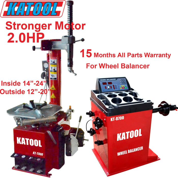 A red Katool KT-T800 tire changer and a KT-B700 wheel balancer are shown in a product shot with a tire mounted on the balancer. The text overlays highlight its "Advanced pressure sensor design," "Multiple balancing modes," and a 15 Months All Parts Warranty.