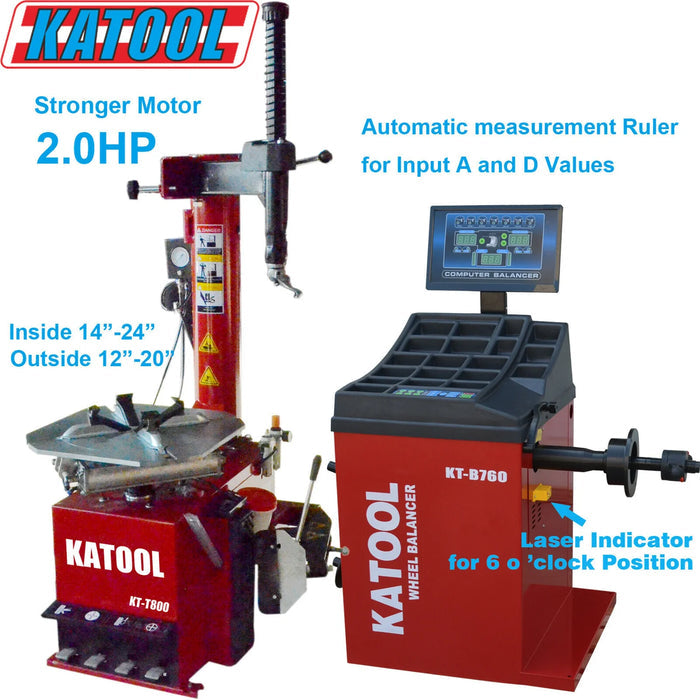 The Katool T800 tire changer and B760 wheel balancer with text overlays for "Stronger Motor 2.0HP," "Automatic Measurement Ruler for Input A and D Values," "Inside 14"-24" Outside 12"-20"," and "Laser Indicator for 6 o'clock Position."