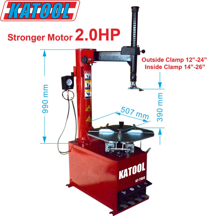A full-view of the Katool T800 tire changer with overlays showing specific measurements in millimeters and inches, including "Outside Clamp 12"-24" Inside Clamp 14"-26"" and "Stronger Motor 2.0HP."