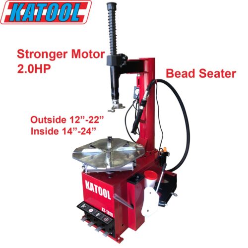 A red Katool T810 Tire Changer with overlay text highlighting "Stronger Motor 2.0HP," "Bead Seater," and "Outside 12"-22" Inside 14"-24" clamp specifications.