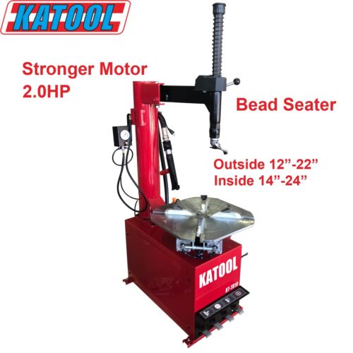 A red Katool T810 Tire Changer from the side, with overlay text highlighting "Stronger Motor 2.0HP," "Bead Seater," and "Outside 12"-22" Inside 14"-24" clamp specifications.
