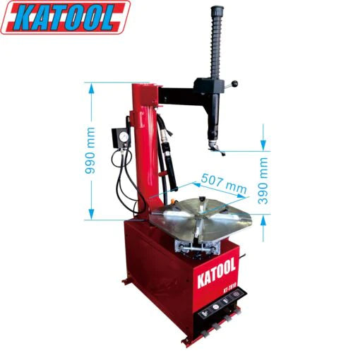 A front view of the red Katool T810 Tire Changer with measurement lines overlaid, showing key dimensions such as the 950mm total height and 507mm bead breaker distance.