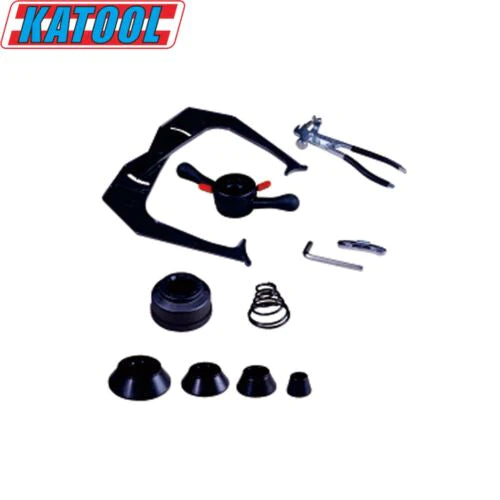 A full set of black and metallic accessories for the Katool T810 Tire Changer and B760 Wheel Balancer, including cones, calipers, and pliers.