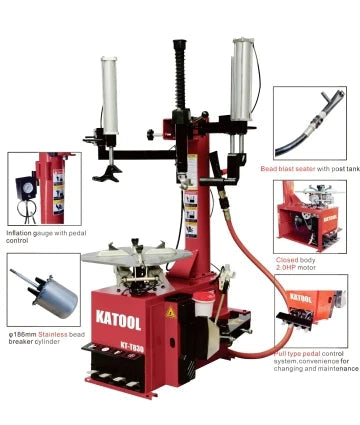 A composite product image of the Katool T810 Tire Changer and B700 Wheel Balancer, highlighting various features with detailed callouts. The central view shows the full tire changer, with insets pointing to the powerful 2.0 HP motor, pedal control, and a close-up of the steel jaws. The text "KATOOL" is visible on the machine's red body.